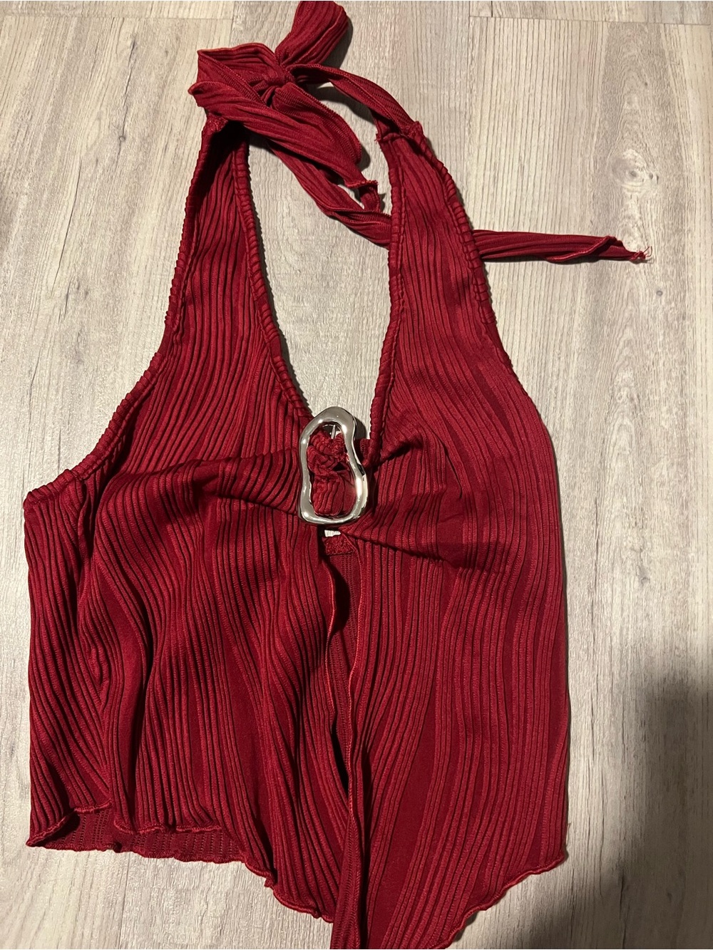 Red Ribbed Halter Top with Silver Accent